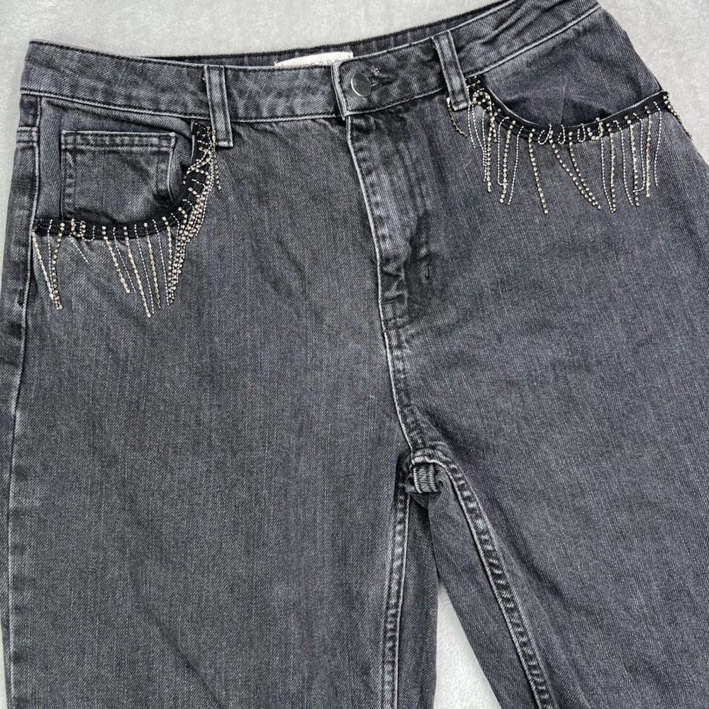 Harper Heritage Jeans Womens 30 Black Solid Rhinestone Fringe Straight Leg Denim
